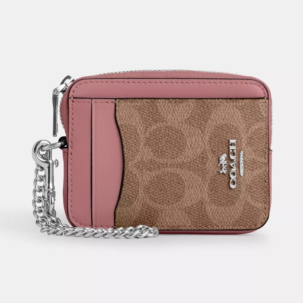 Coach Khaki Signature C & DUSTY PINK Leather Zip Credit Card ID Wallet CW883 NWT